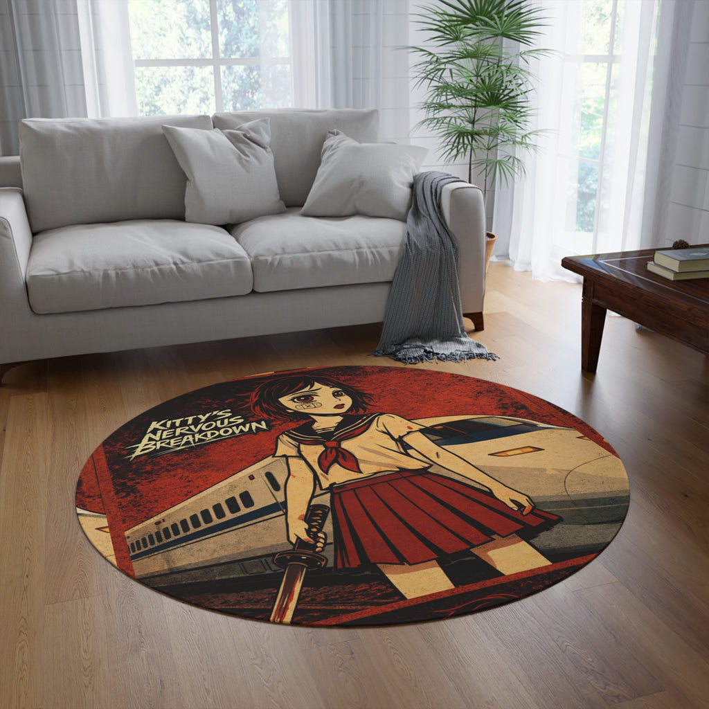 Anime Horror Round Rug — “Kitty’s Nervous Breakdown” Train Schoolgirl Design