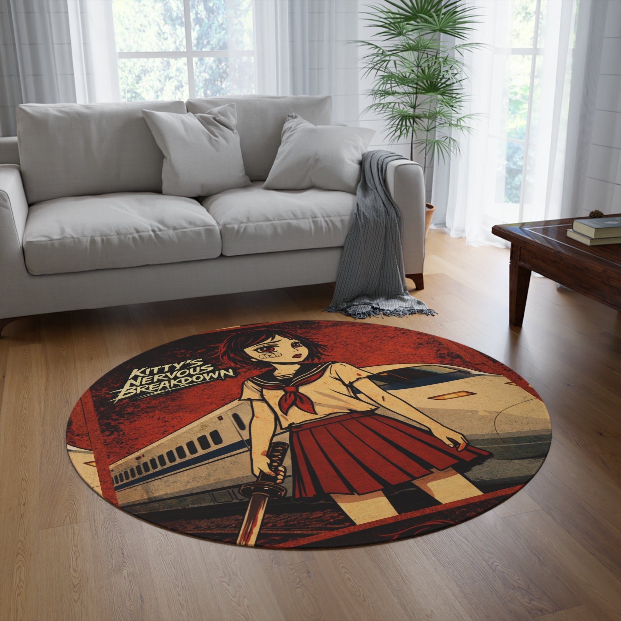 Anime Horror Round Rug — “Kitty’s Nervous Breakdown” Train Schoolgirl Design