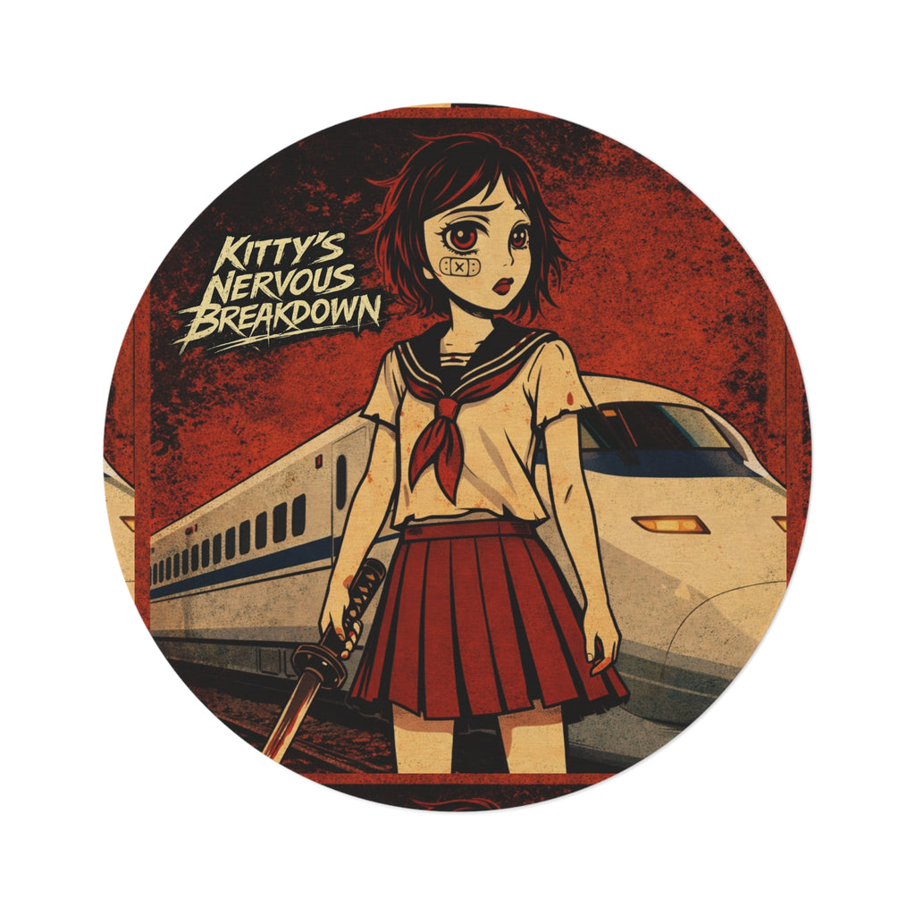 Anime Horror Round Rug — “Kitty’s Nervous Breakdown” Train Schoolgirl Design