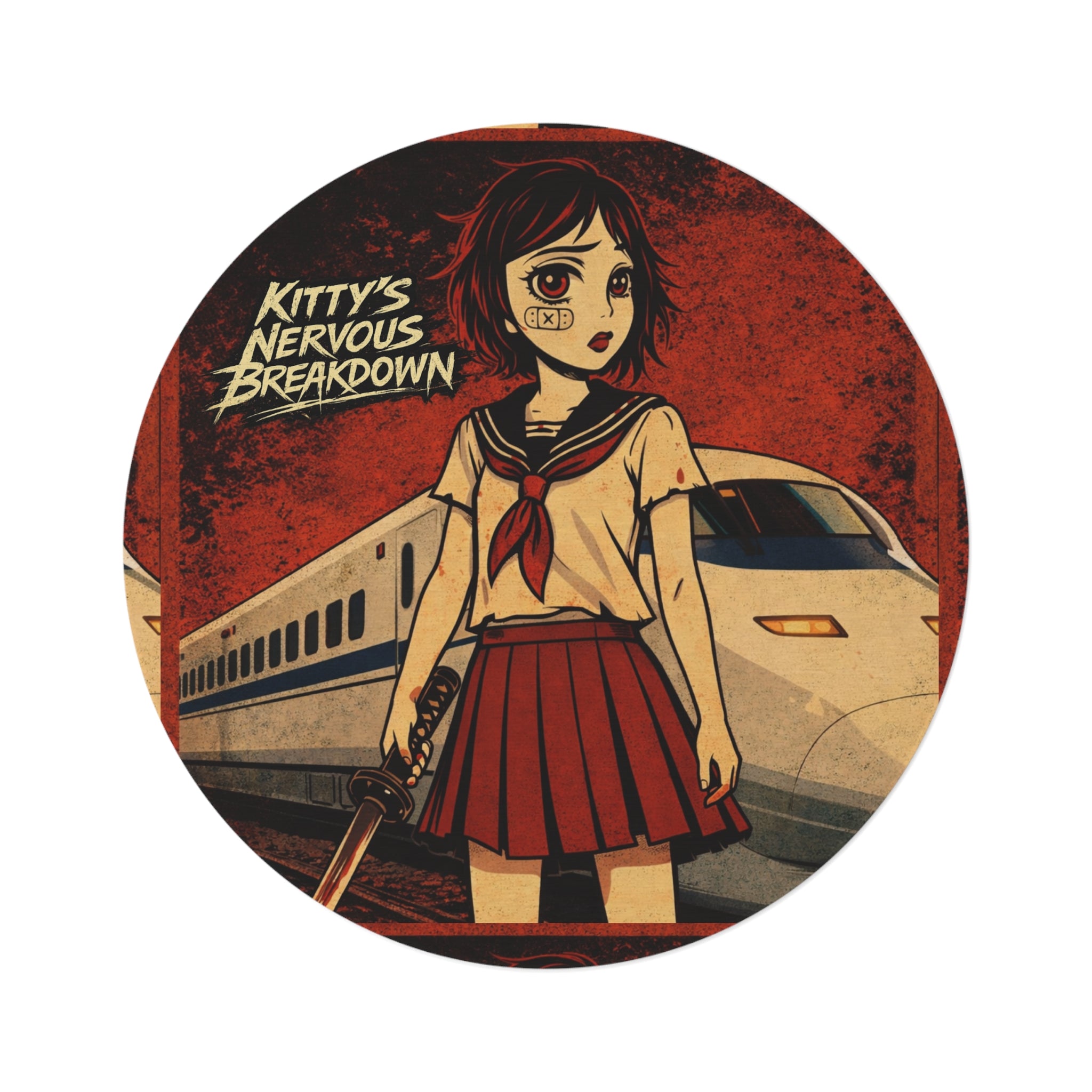 Anime Horror Round Rug — “Kitty’s Nervous Breakdown” Train Schoolgirl Design