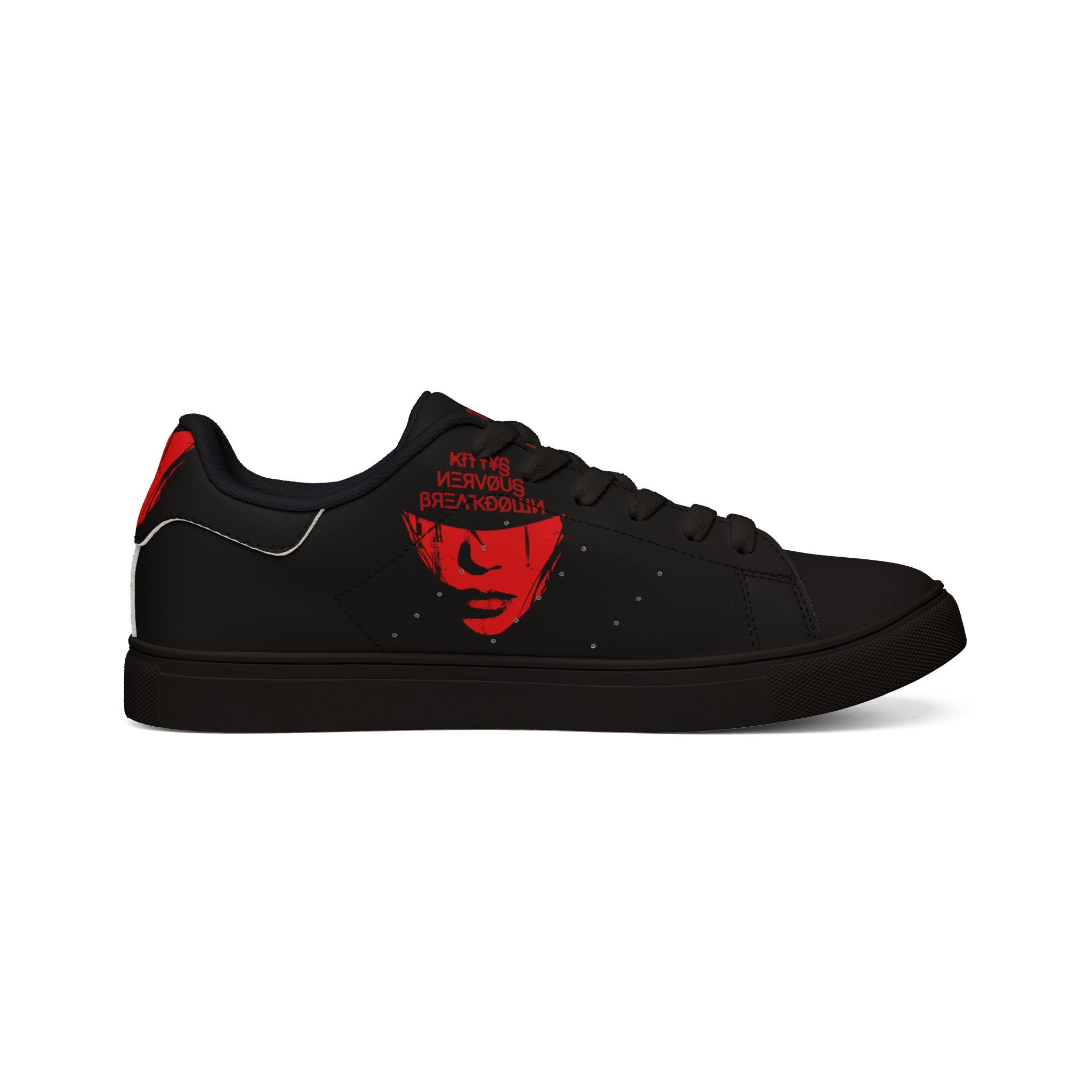 Low-Top Sneakers — Black Red Face Graphic Leather Casual Shoes