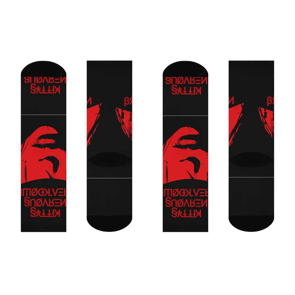 Cushioned Crew Socks — Red Noir Face Graphic with 'Kitty's Nervous Breakdown' Text