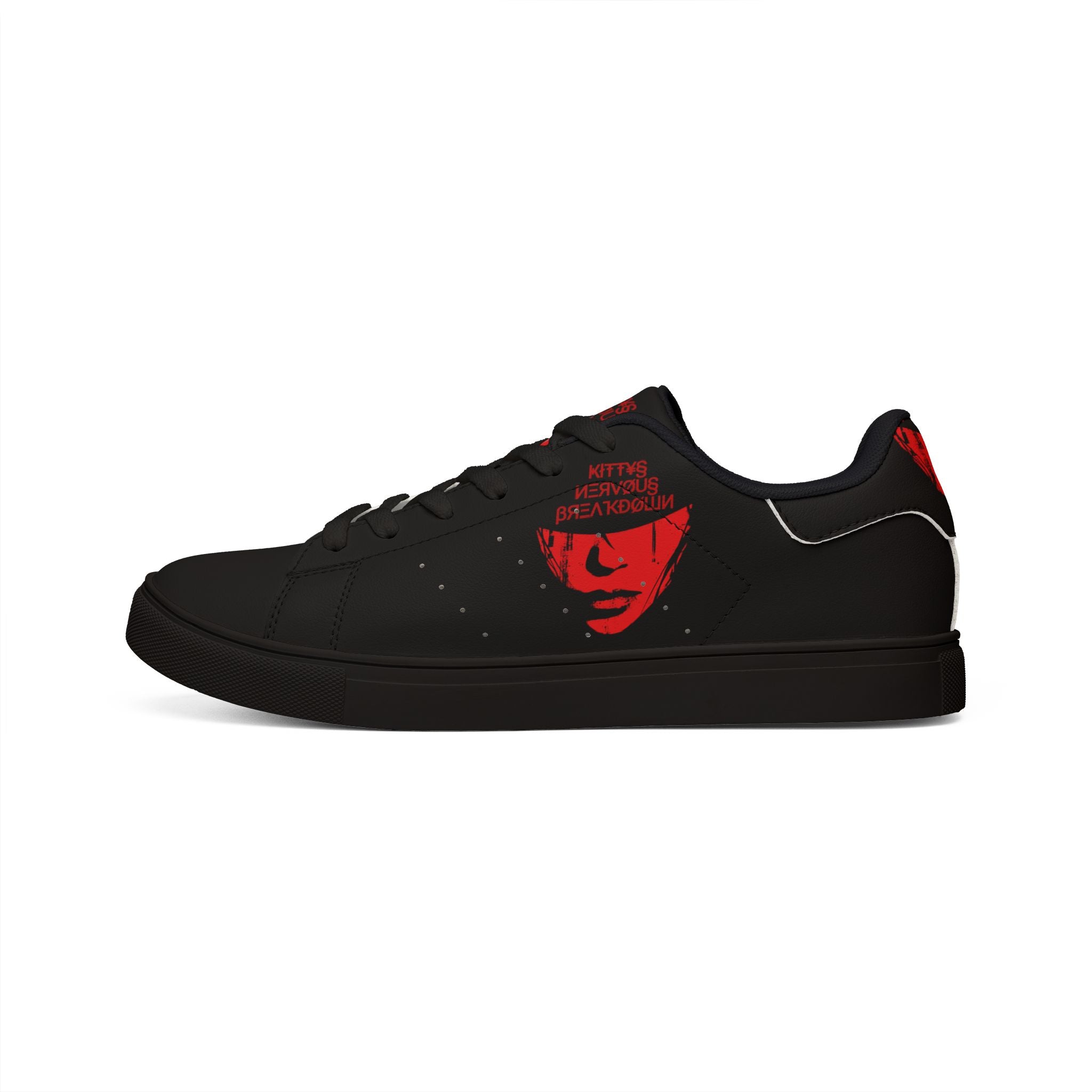Low-Top Sneakers — Black Red Face Graphic Leather Casual Shoes