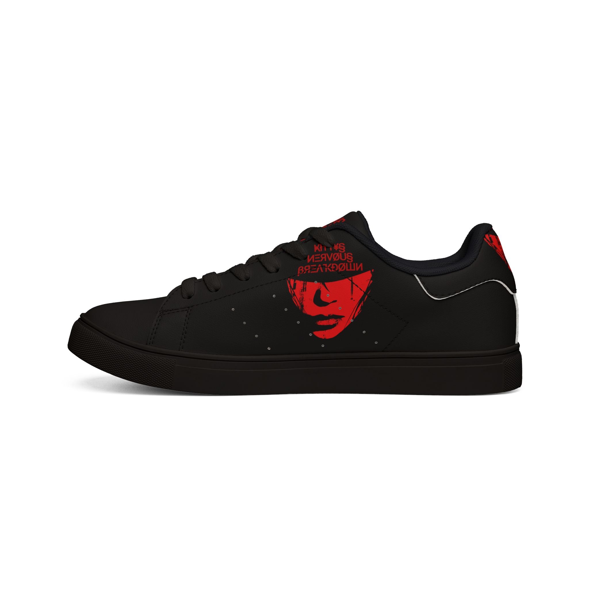 Low-Top Sneakers — Black Red Face Graphic Leather Casual Shoes