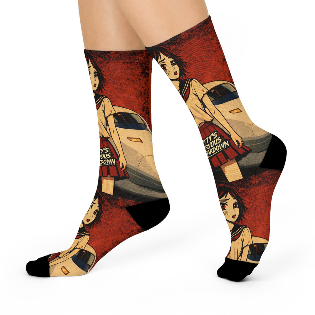 Anime Girl Car Crew Socks — 'Kitty's Nervous Breakdown' Graphic Cushioned Socks
