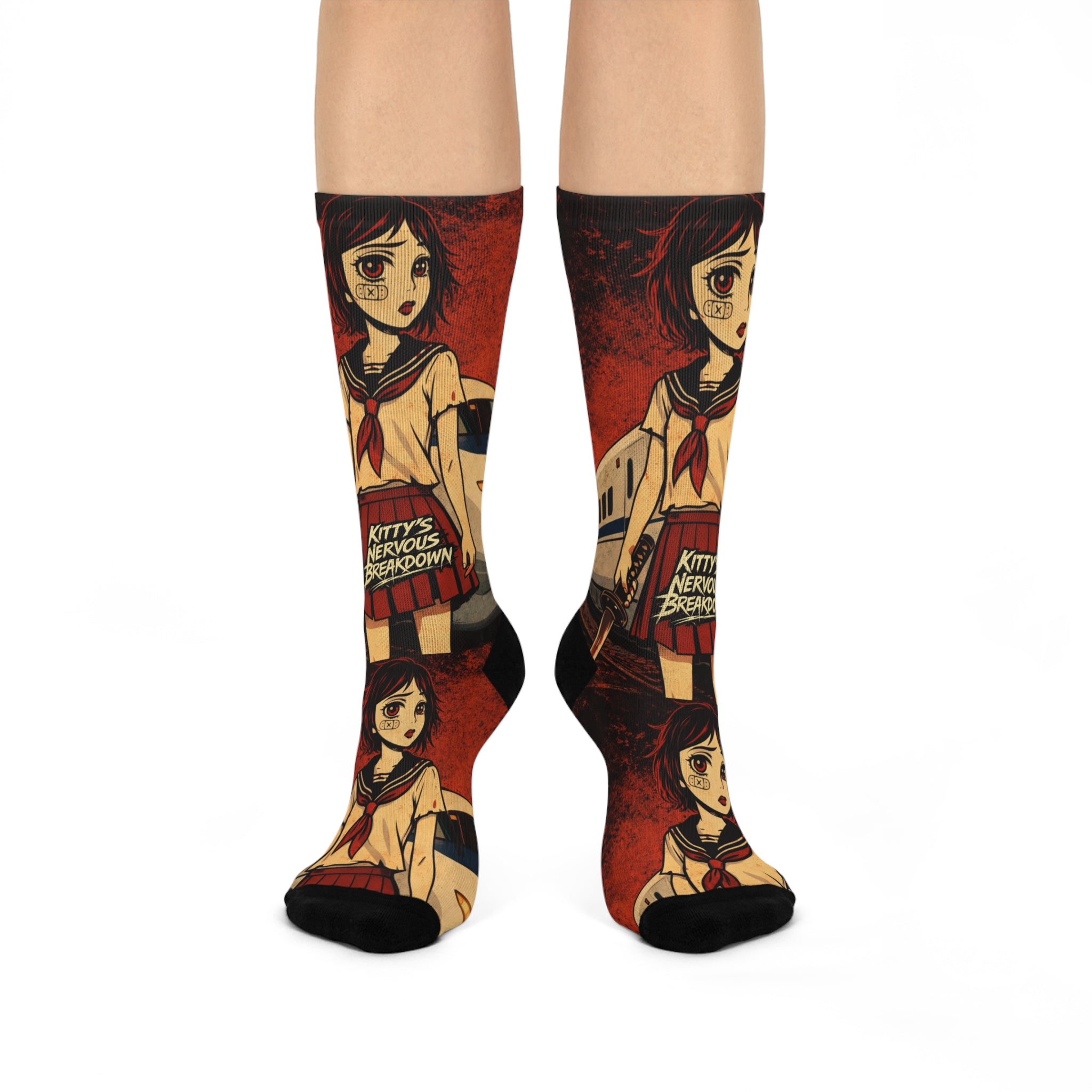 Anime Girl Car Crew Socks — 'Kitty's Nervous Breakdown' Graphic Cushioned Socks