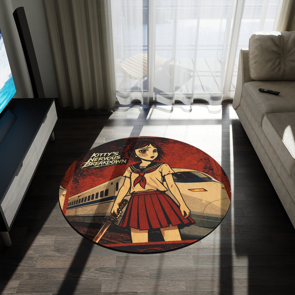 Anime Horror Round Rug — “Kitty’s Nervous Breakdown” Train Schoolgirl Design