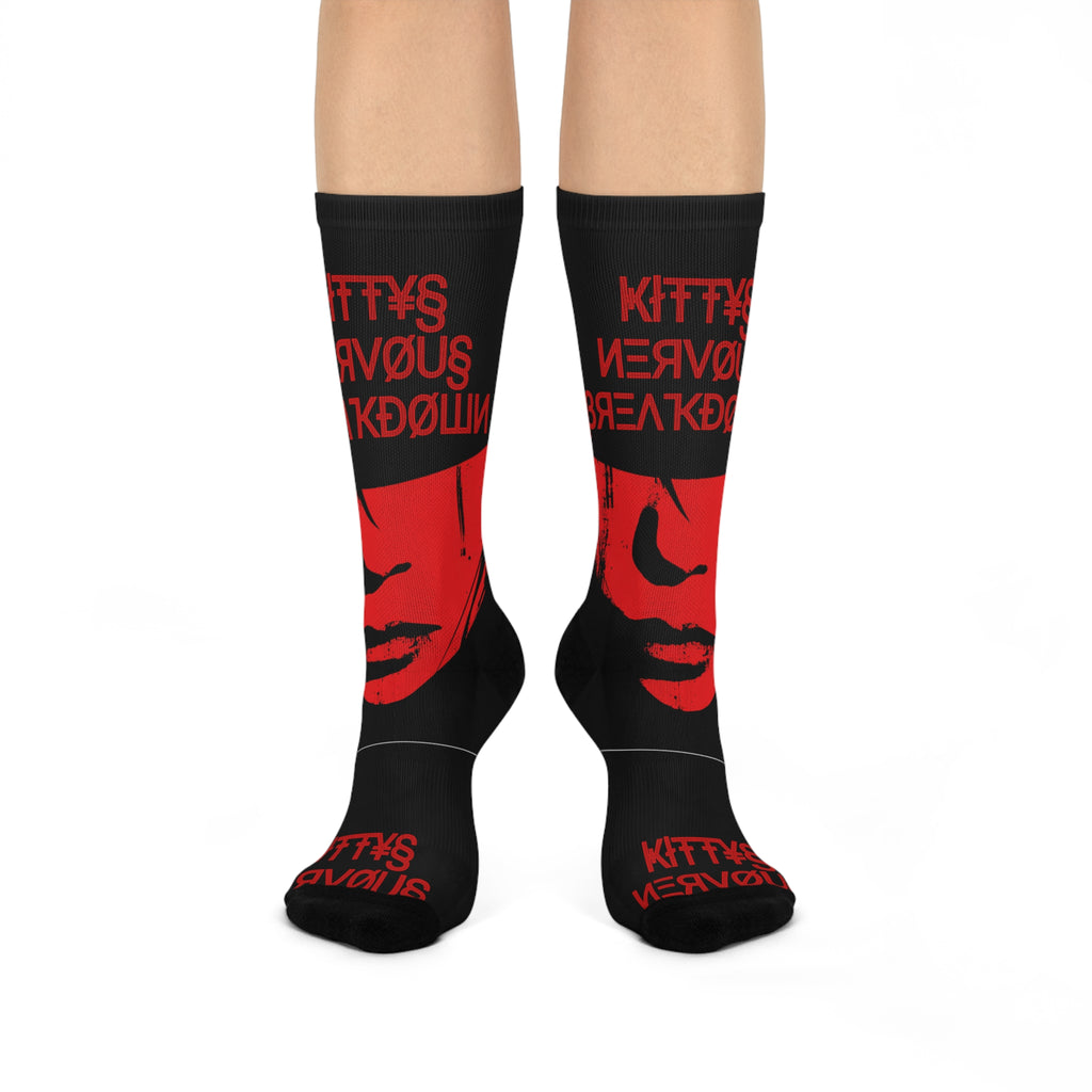 Cushioned Crew Socks — Red Noir Face Graphic with 'Kitty's Nervous Breakdown' Text
