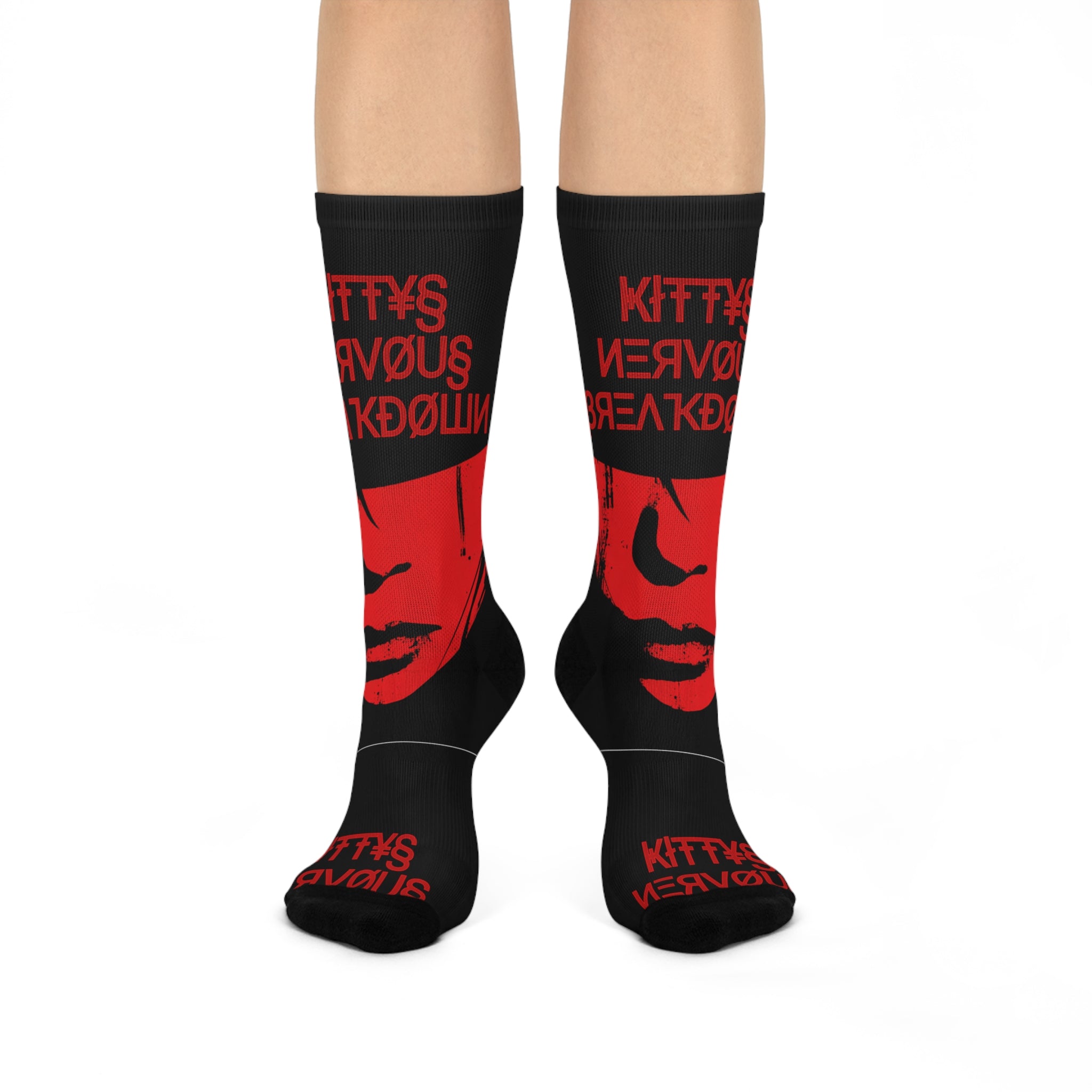 Cushioned Crew Socks — Red Noir Face Graphic with 'Kitty's Nervous Breakdown' Text