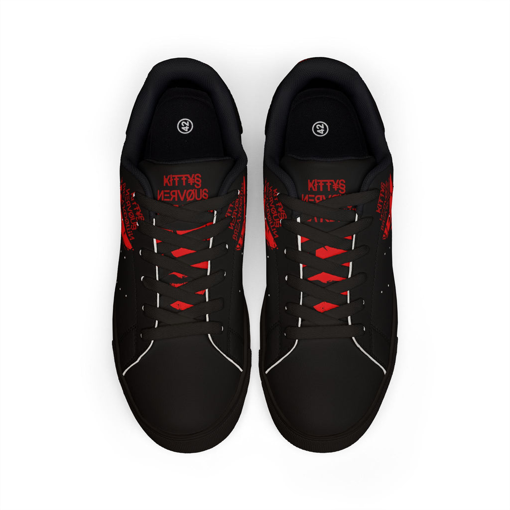 Low-Top Sneakers — Black Red Face Graphic Leather Casual Shoes
