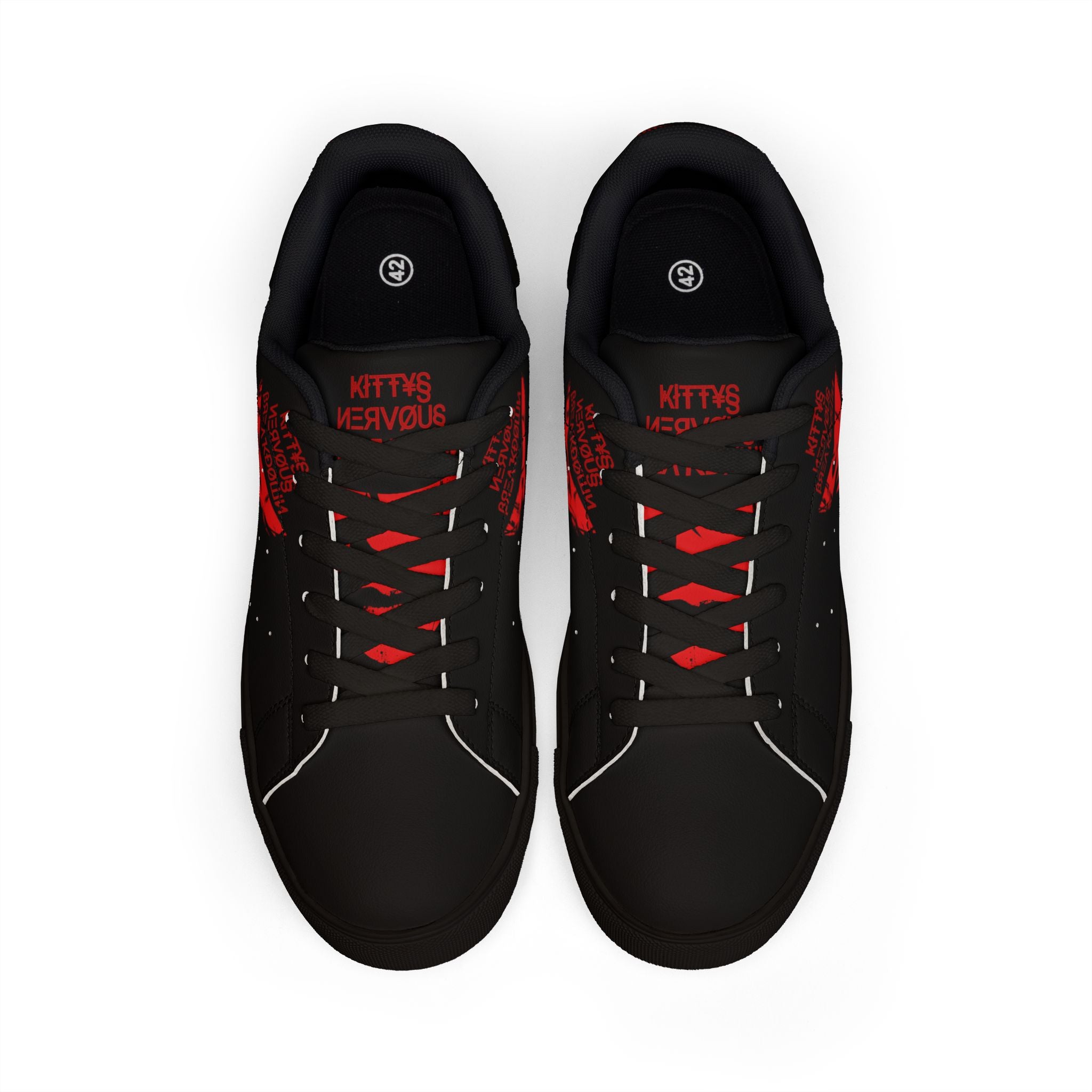 Low-Top Sneakers — Black Red Face Graphic Leather Casual Shoes