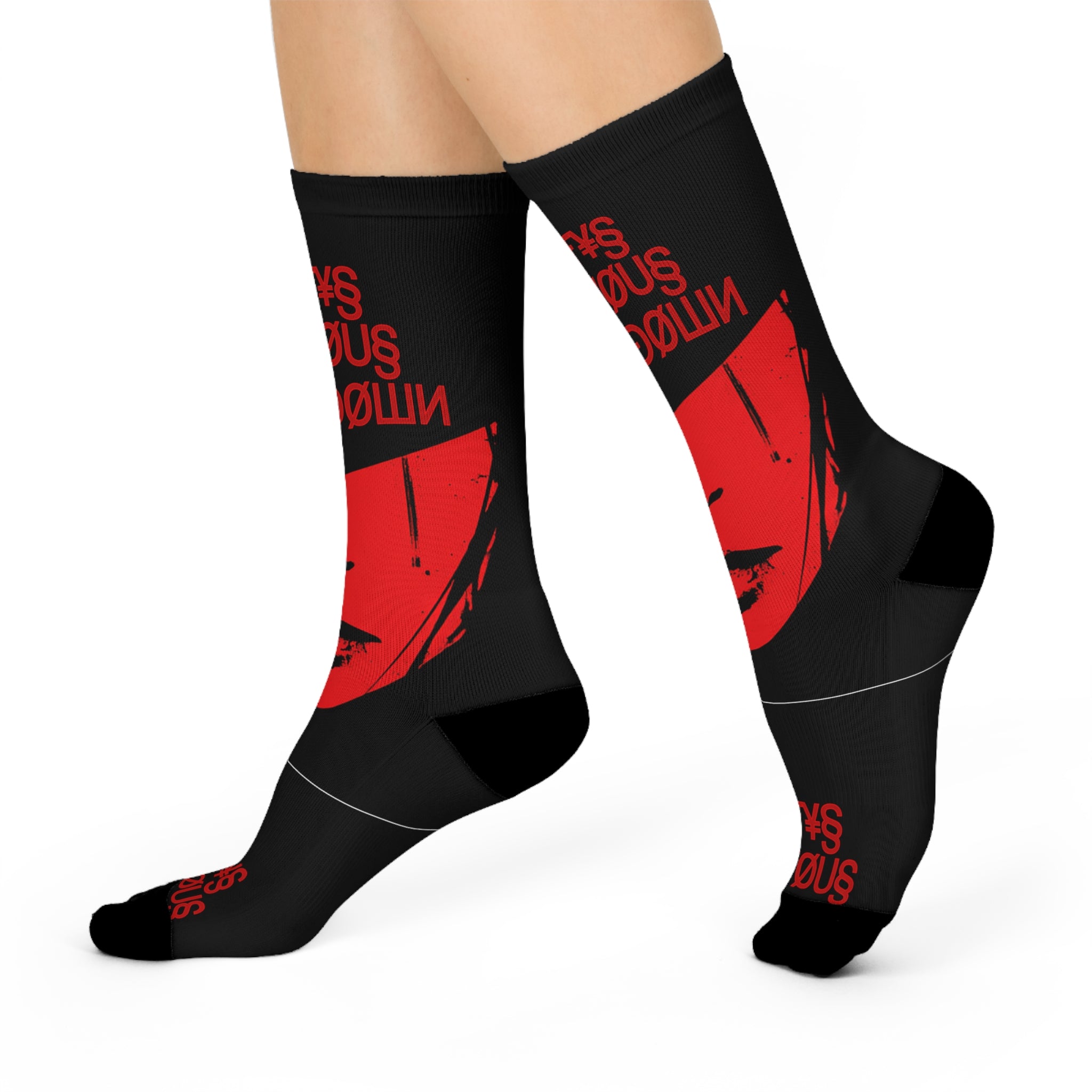 Cushioned Crew Socks — Red Noir Face Graphic with 'Kitty's Nervous Breakdown' Text