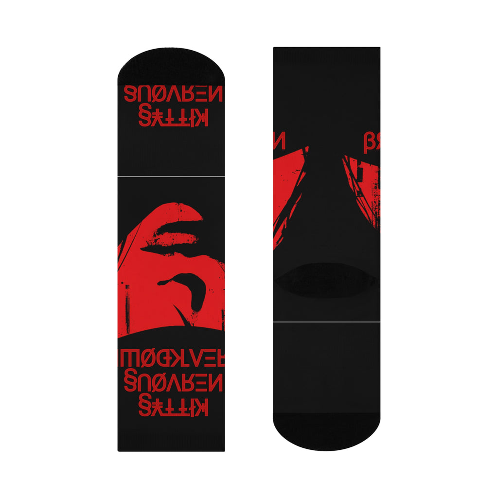 Cushioned Crew Socks — Red Noir Face Graphic with 'Kitty's Nervous Breakdown' Text