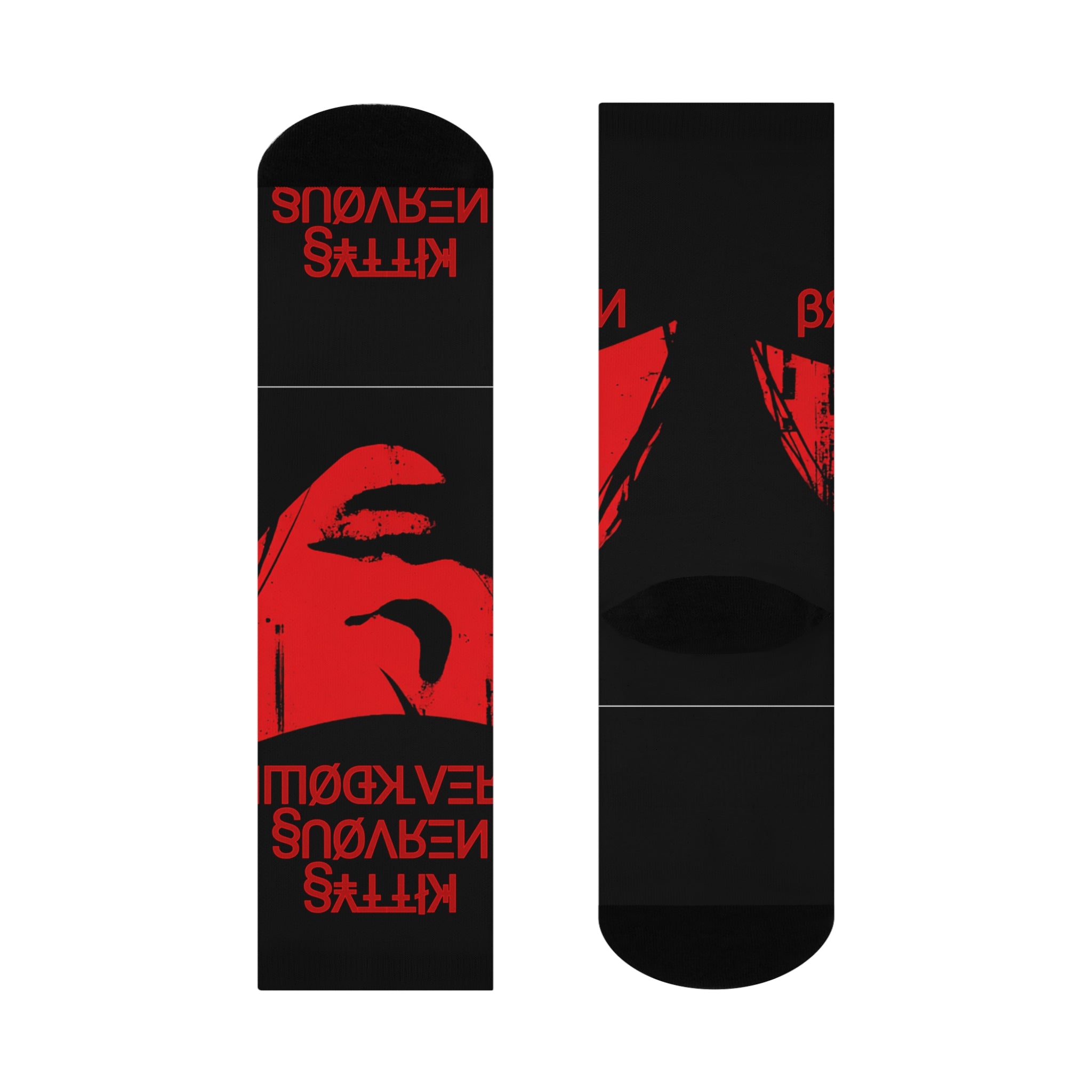 Cushioned Crew Socks — Red Noir Face Graphic with 'Kitty's Nervous Breakdown' Text